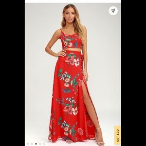 Lulu’s two-piece red floral wrap dress. Size small. Worn once.